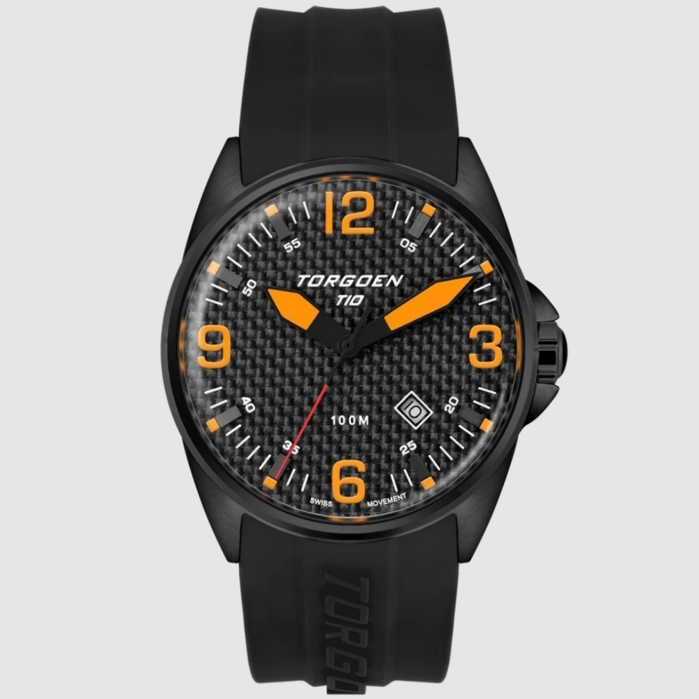 Torgoen T10 TN-1019 Blackbird Carbon Sapphire 44mm, Black Silicone Strap Watch